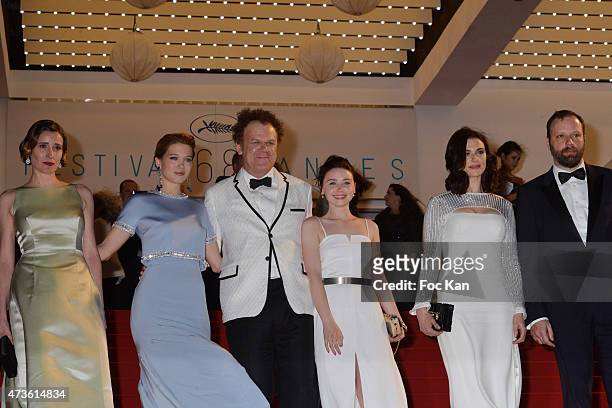 Angeliki Papoulia, Lea Seydoux, John C. Reilly, Jessica Barden, Rachel Weisz and Yorgos Lanthimos leave the 'Lobster' Premiere during the 68th annual...