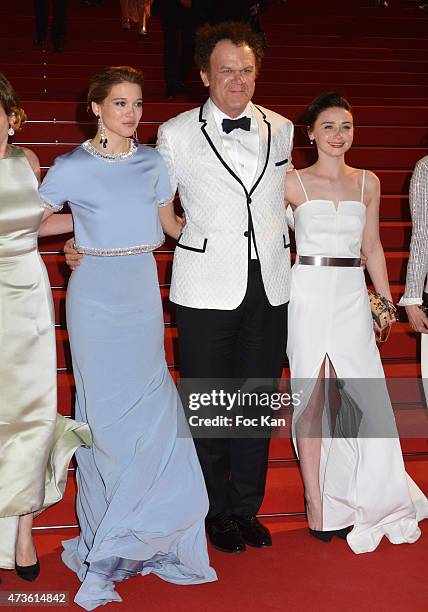 Lea Seydoux, John C. Reilly and Jessica Barden leave the 'Lobster' Premiere during the 68th annual Cannes Film Festival on May 15, 2015 in Cannes,...