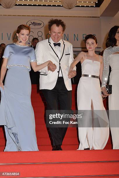 Lea Seydoux, John C. Reilly and Jessica Barden leave the 'Lobster' Premiere during the 68th annual Cannes Film Festival on May 15, 2015 in Cannes,...