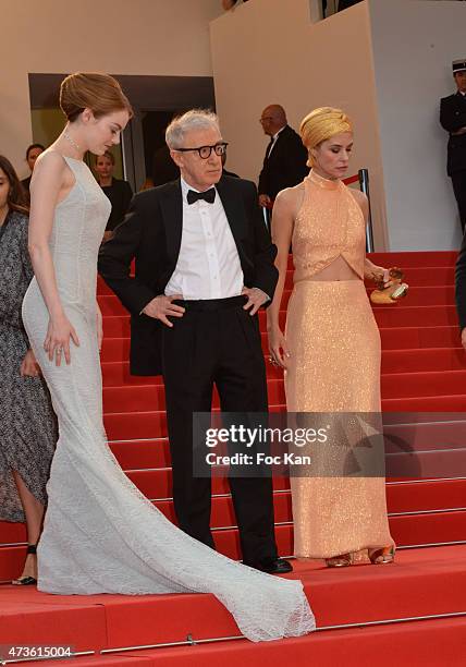 Emma Stone, Woody Allen and Parker Posey attend the 'Irrational Man' Premiere during the 68th annual Cannes Film Festival on May 15, 2015 in Cannes,...