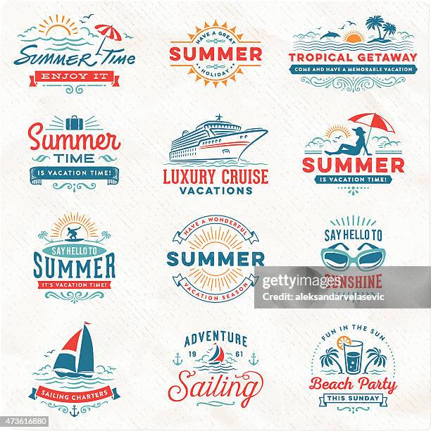 ilustraciones, imágenes clip art, dibujos animados e iconos de stock de vacaciones de verano, el surf, navegación, playa signos y señales - badge