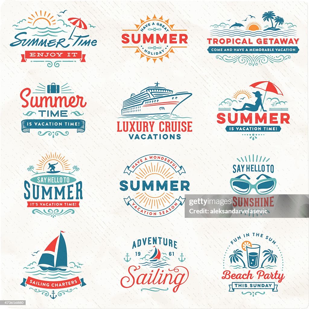 Férias de Verão, surf, vela, sinais e emblemas Praia