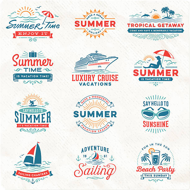 summer vacation, surfing, sailing, beach signs and badges - beach stock illustrations