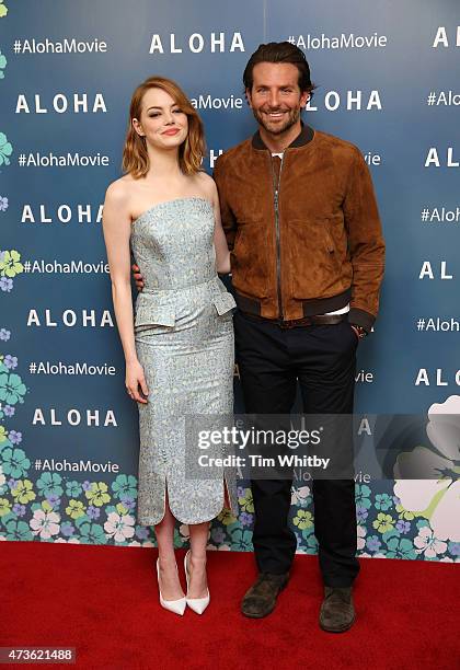 Emma Stone and Bradley Cooper attend a VIP screening of 'Aloha' at Soho Hotel on May 16, 2015 in London, England.