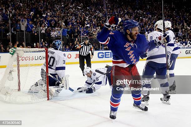 Dominic Moore of the New York Rangers celebrates after scoring the game-winning goal in the third period against the Tampa Bay Lightning in Game One...