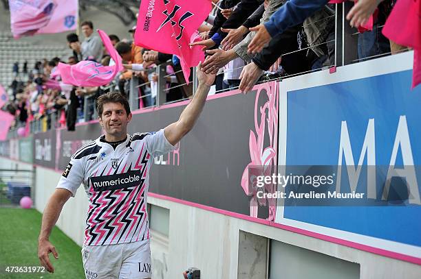 Pierre Rabadan of Stade Francais reacts after the victory during the Top 14 game between Stade Francais and Montpellier at Stade Jean Bouin on May...