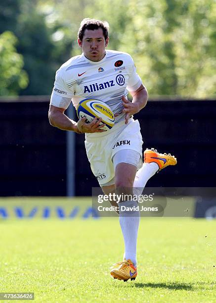 Alex Goode of Saracens in action during the Aviva Premiership match between London Welsh and Saracens at Kassam Stadium on May 16, 2015 in Oxford,...