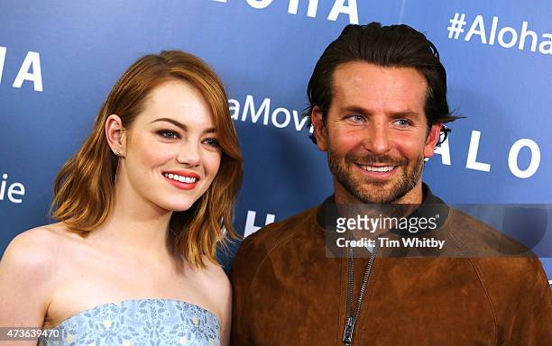 Emma Stone and Bradley Cooper attend a VIP screening of 'Aloha' at Soho Hotel on May 16, 2015 in London, England.