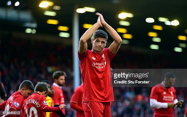 Steven Gerrard of Liverpool applauds the Kop end after he Barclays Premier League match betrween Liverpool and Crystal Palace at Anfield on May 16,...