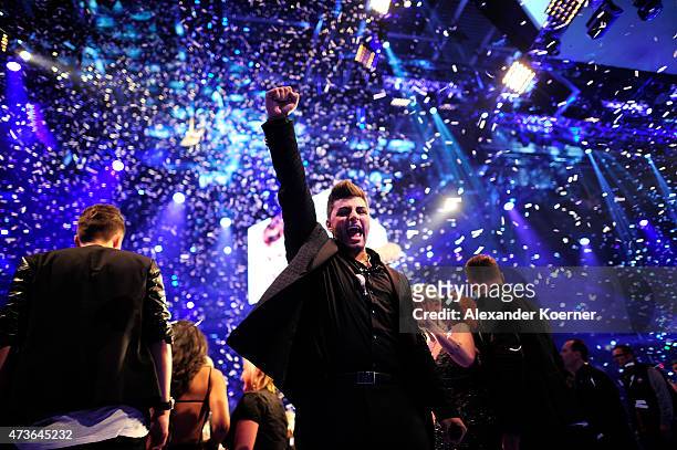 Severino Seeger reacts during the live finals of the television show 'Deutschland sucht den Superstar' on May 16, 2015 in Bremen, Germany. Seeger was...