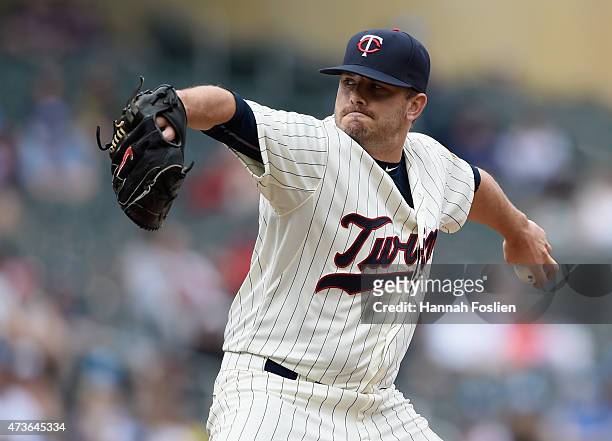 Brian Duensing of the Minnesota Twins delivers a pitch against the Tampa Bay Rays during the seventh inning of the game on May 16, 2015 at Target...