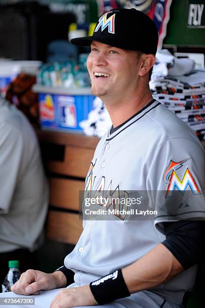 Reid Brignac of the Miami Marlins looks on before a baseball game against the Washington Nationals at Nationals Park on May 6, 2015 in Washington,...