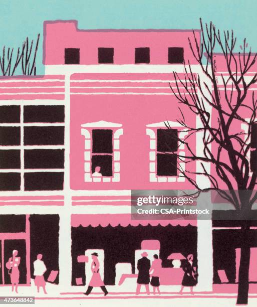 pink street and storefront - downtown district photos stock illustrations