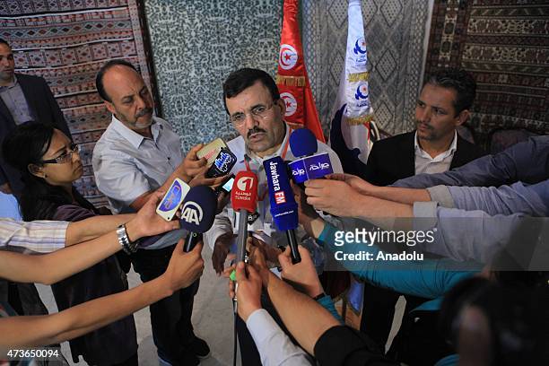 Secretary-General of the Ennahda Movement Ali Laarayedh speaks to the media after he attended an event held for the authors in Hammamet, Tunisia on...