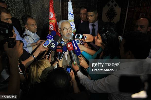 Leader of the Ennahda Movement Rashid al-Ghannushi speaks to the media after he attended an event held for the authors in Hammamet, Tunisia on May...