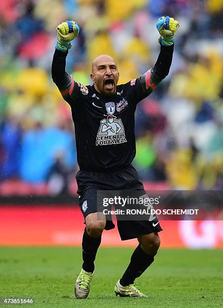 Pachuca's goalkeeper Oscar Perez celebrates a goal against America, during their Mexican Clausura tournament match, at the Azteca stadium in Mexico...