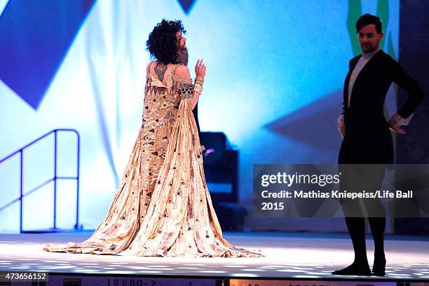 Conchita Wurst performs during the Life Ball 2015 at City Hall on May 16, 2015 in Vienna, Austria.