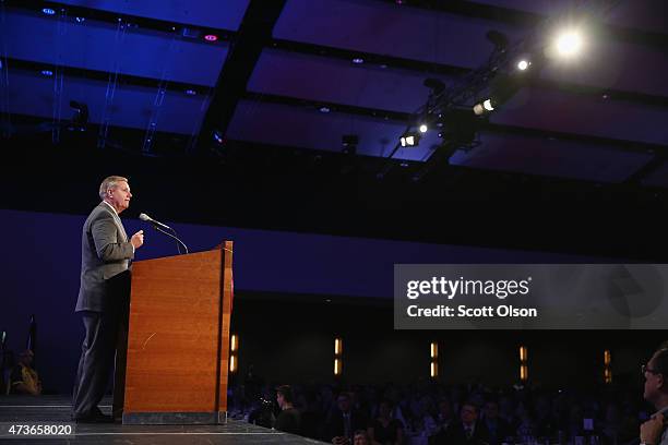 Senator Lindsey Graham speaks to guests gathered for the Republican Party of Iowa's Lincoln Dinner at the Iowa Events Center on May 16, 2015 in Des...