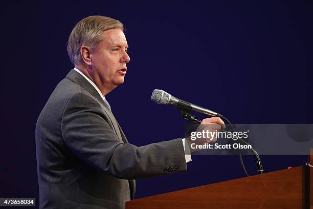Senator Lindsey Graham speaks to guests gathered for the Republican Party of Iowa's Lincoln Dinner at the Iowa Events Center on May 16, 2015 in Des...