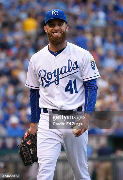 Danny Duffy of the Kansas City Royals smiles after catching a line drive hit by Carlos Beltran of the New York Yankees in the first inning at...
