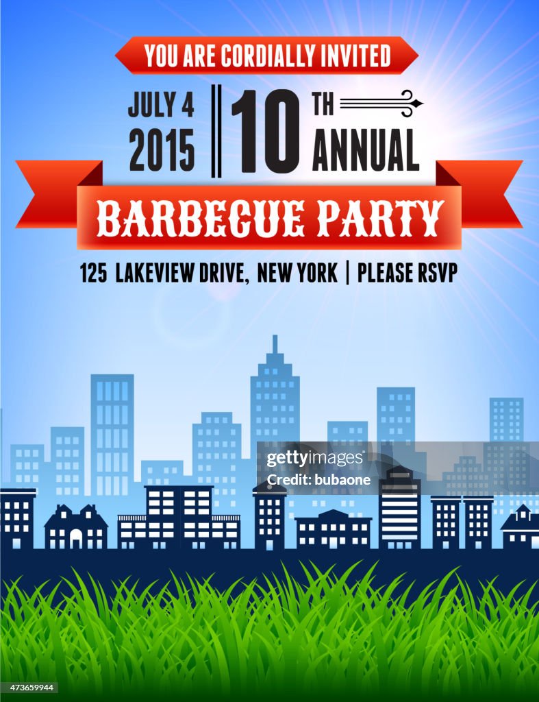 Summer party picnic and barbecue invitation with city skyline ba