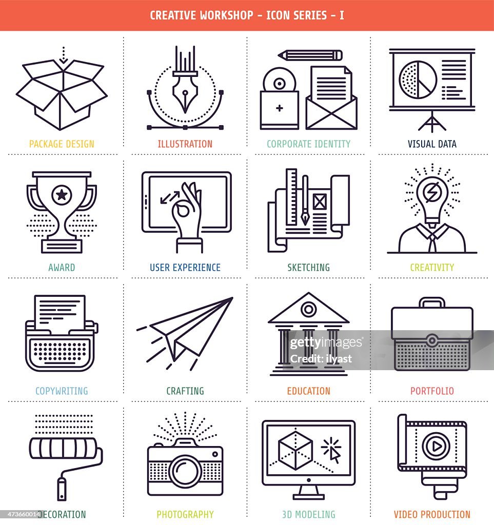 Creative workflow icons in black and white