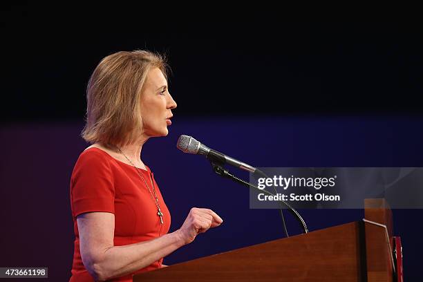 Former business executive Carly Fiorina speaks to guests gathered for the Republican Party of Iowa's Lincoln Dinner at the Iowa Events Center on May...