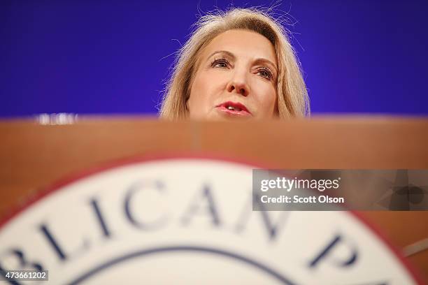 Former business executive Carly Fiorina speaks to guests gathered for the Republican Party of Iowa's Lincoln Dinner at the Iowa Events Center on May...