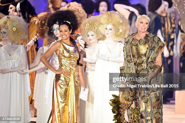 Alice Tumler and Brigitte Nielsen on stage during the Life Ball 2015 show at City Hall on May 16, 2015 in Vienna, Austria.