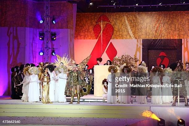 Alice Tumler and Brigitte Nielsen on stage during the Life Ball 2015 show at City Hall on May 16, 2015 in Vienna, Austria.
