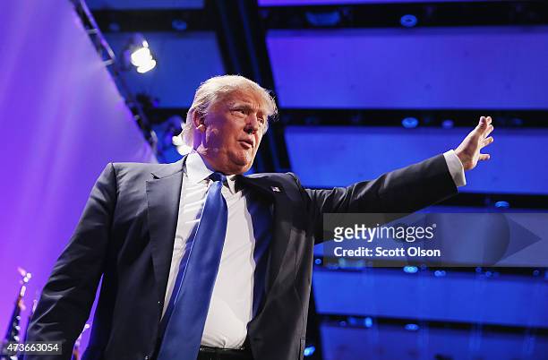 Businessman Donald Trump speaks to guests gathered for the Republican Party of Iowa's Lincoln Dinner at the Iowa Events Center on May 16, 2015 in Des...