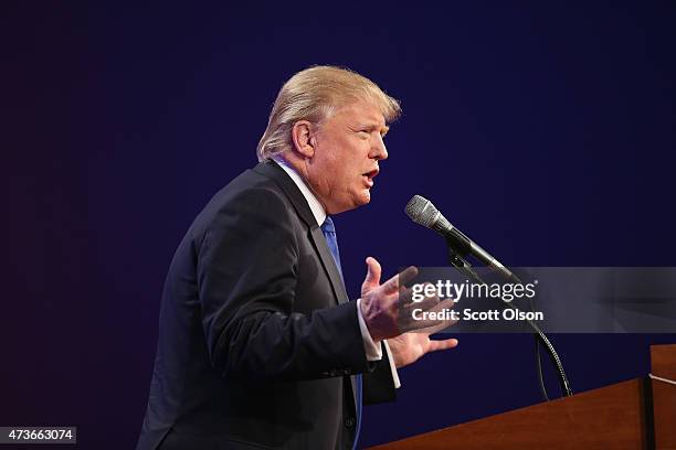 Businessman Donald Trump speaks to guests gathered for the Republican Party of Iowa's Lincoln Dinner at the Iowa Events Center on May 16, 2015 in Des...