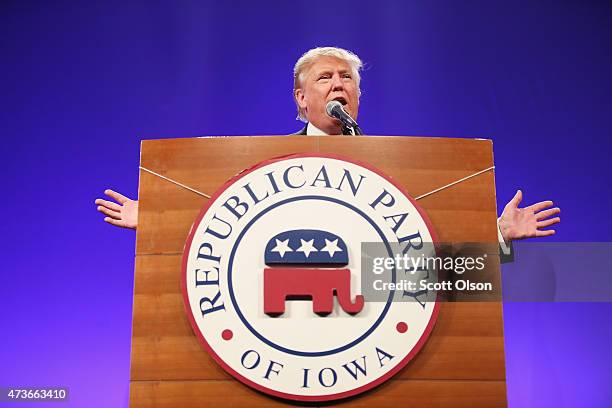 Businessman Donald Trump speaks to guests gathered for the Republican Party of Iowa's Lincoln Dinner at the Iowa Events Center on May 16, 2015 in Des...