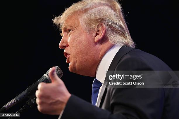 Businessman Donald Trump speaks to guests gathered for the Republican Party of Iowa's Lincoln Dinner at the Iowa Events Center on May 16, 2015 in Des...