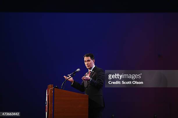 Wisconsin Governor Scott Walker speaks to guests gathered for the Republican Party of Iowa's Lincoln Dinner at the Iowa Events Center on May 16, 2015...
