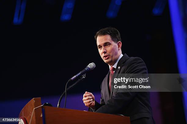 Wisconsin Governor Scott Walker speaks to guests gathered for the Republican Party of Iowa's Lincoln Dinner at the Iowa Events Center on May 16, 2015...