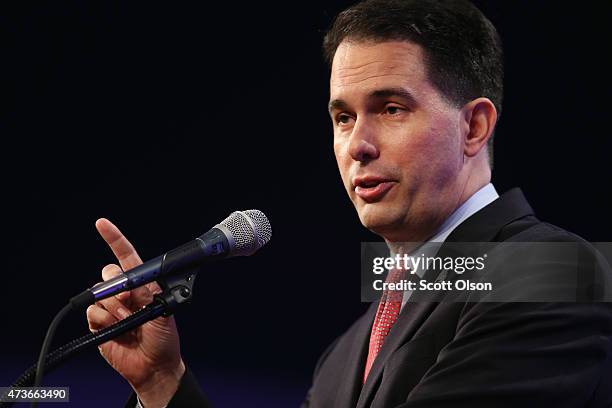 Wisconsin Governor Scott Walker speaks to guests gathered for the Republican Party of Iowa's Lincoln Dinner at the Iowa Events Center on May 16, 2015...