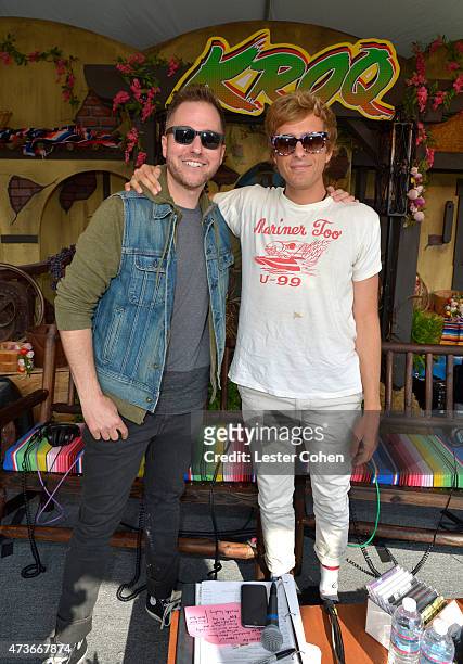 Ted Stryker and musician Aaron Bruno of Awolnation pose backstage at KROQ Weenie Roast Y Fiesta 2015 at Irvine Meadows Amphitheatre on May 16, 2015...