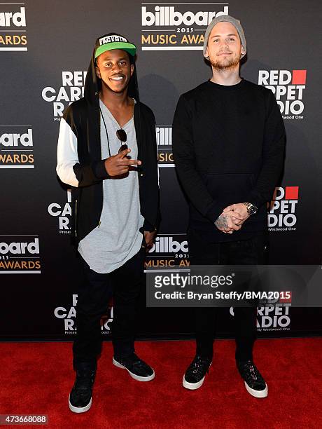 Musicians Malcolm Kelley and Tony Oller of MKTO at Radio Row during the 2015 Billboard Music Awards at MGM Grand Garden Arena on May 16, 2015 in Las...