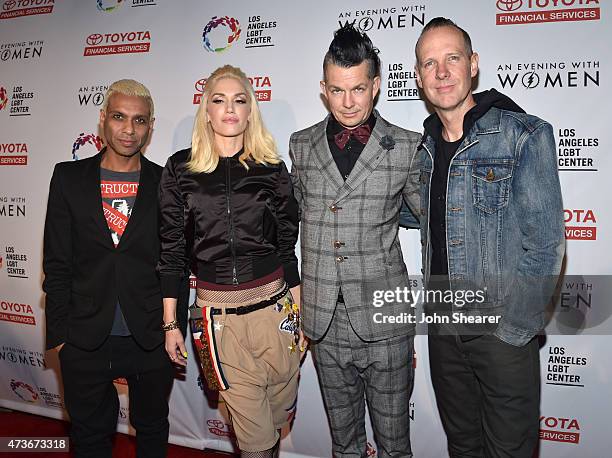 Musicians Tony Kanal, Gwen Stefani, Adrian Young and Tom Dumont of No Doubt attend An Evening with Women benefiting the Los Angeles LGBT Center at...