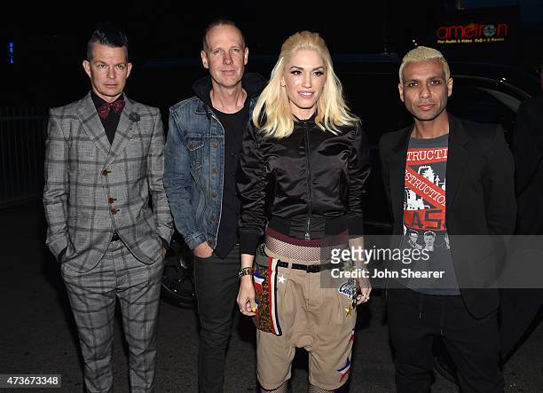 Musicians Adrian Young, Tom Dumont, Gwen Stefani and Tony Kanal of No Doubt attend An Evening with Women benefiting the Los Angeles LGBT Center at...