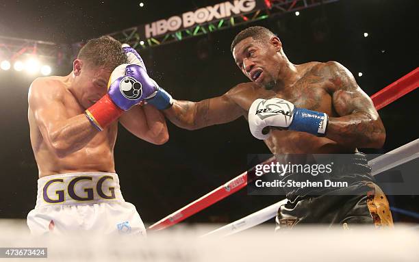 Willie Monroe Jr. Throws a punch at Gennady Golovkin in their World Middleweight Championship fight at The Forum on May 16, 2015 in Inglewood,...