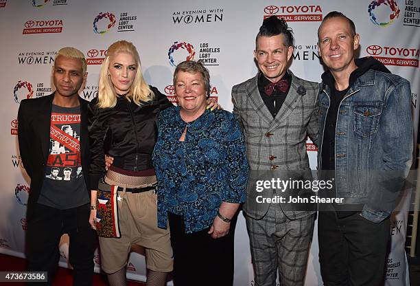 Musicians Tony Kanal and Gwen Stefani, Chief Executive Officer of the Los Angeles LGBT Center Lorri L. Jean, and musicians Adrian Young and Tom...