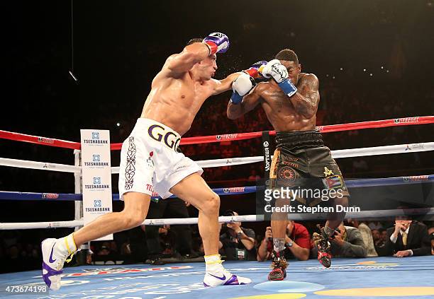 Gennady Golovkin lands a punch at Willie Monroe Jr. In their World Middleweight Championship fight at The Forum on May 16, 2015 in Inglewood,...