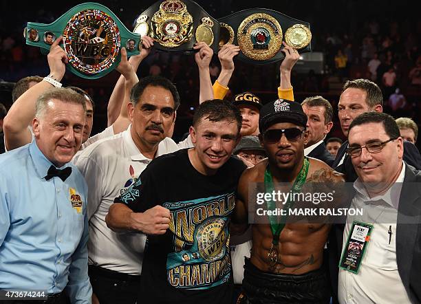 Boxer Gennady Golovkin from Kazakhstan celebrates after knocking out Willie Monroe Jr. Of the US in the sixth round during their Middleweight World...