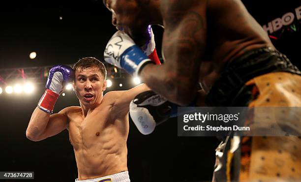 Gennady Golovkin throws a punch at Willie Monroe Jr. In their World Middleweight Championship fight at The Forum on May 16, 2015 in Inglewood,...