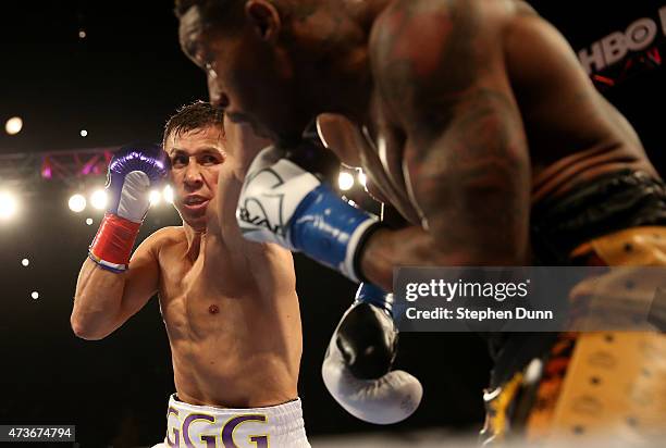 Gennady Golovkin throws a punch at Willie Monroe Jr. In their World Middleweight Championship fight at The Forum on May 16, 2015 in Inglewood,...