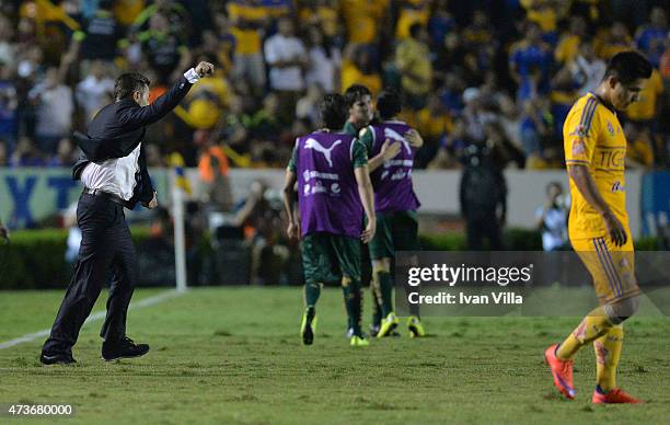 Pedro Caixinha coach of Santos celebrates after a quarterfinal second leg match between Tigres UANL and Santos Laguna as part of Clausura 2015 Liga...
