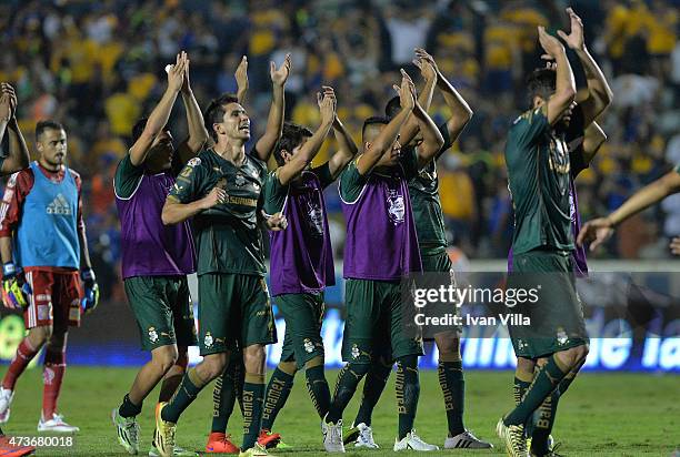 Players of Santos celebrate after a quarterfinal second leg match between Tigres UANL and Santos Laguna as part of Clausura 2015 Liga MX at...