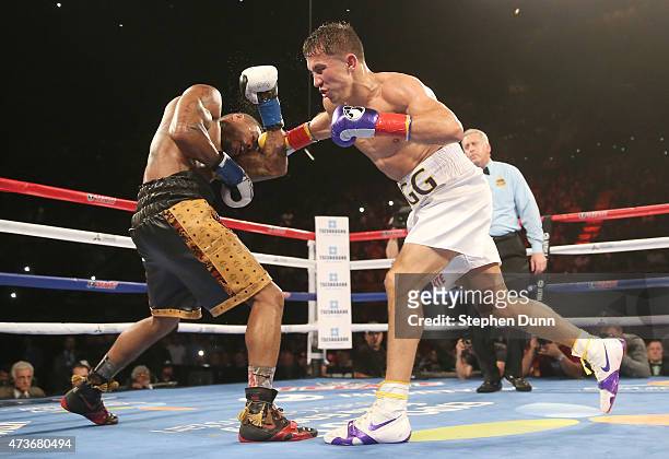 Gennady Golovkin lands a punch at Willie Monroe Jr. In their World Middleweight Championship fight at The Forum on May 16, 2015 in Inglewood,...